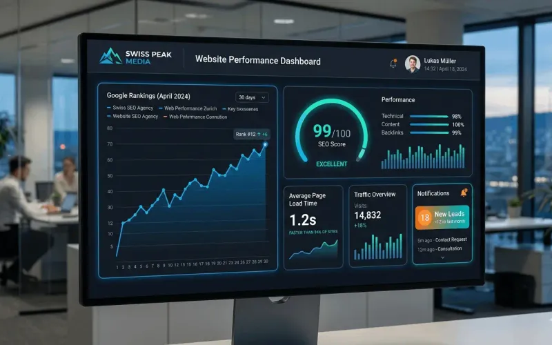 Modernes SEO und Webdesign Dashboard für Unternehmen in der Schweiz